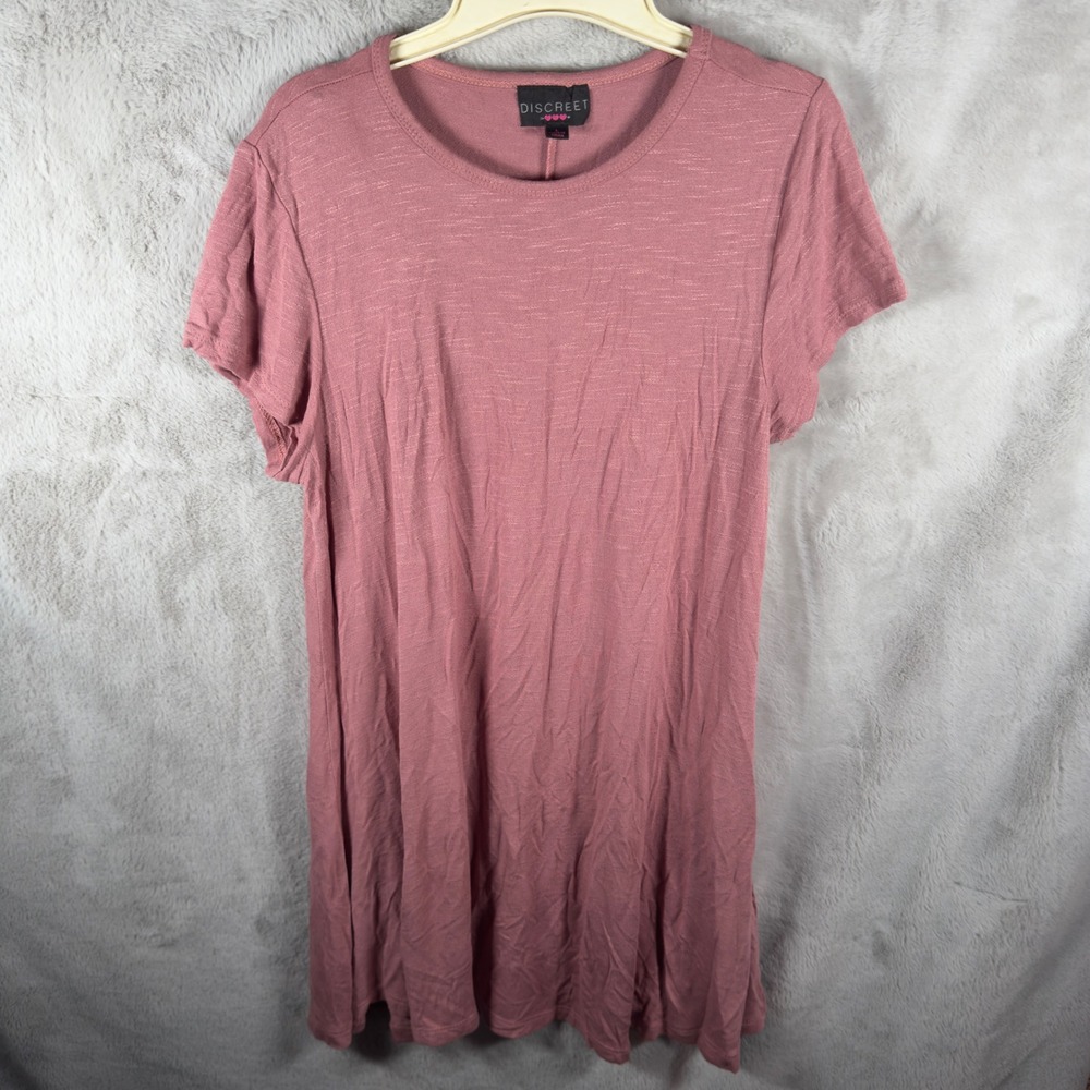 Discreet Mauve Pink Slub Knit‎ Short Sleeve Tunic Top Crew Neck Relaxed Fit L
